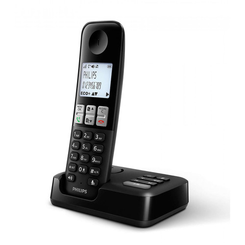 Philips - D2551B / 01- Téléphone DECT sans fil avec 1 combiné avec répondeur, 50 noms / numéros et identification de l'appelant - Noir Philips  - Téléphone fixe
