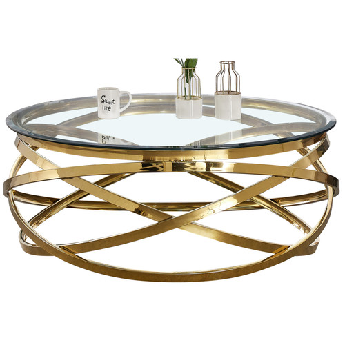 Tables basses Vivenla Table basse design rond avec piètement en acier inoxydable poli doré et plateau en verre trempé transparent L. 100 x H. 43 cm collection ENRICO